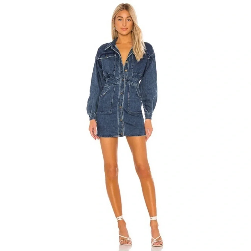 Free People Indigo Denim Button-Front Mini Dress